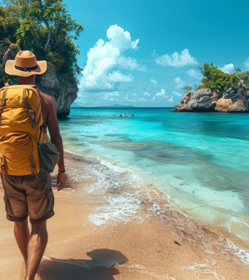 A man wearing a backpack strolls down the beach. The scene includes water, sky, clouds, shorts, a hat, trees, and a natural landscape, perfect for travel and leisure